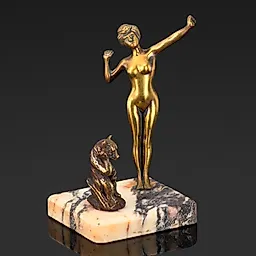 Латунная скульптура 'Обнаженная девушка и медведь', литье с камнем, Западная Европа, середина XX века