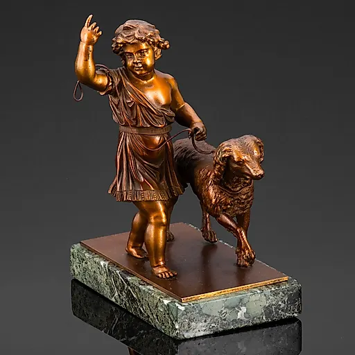 Скульптурная композиция (статуэтка) "Путти с собакой", металл, камень, Европа, 1970-1990 гг.