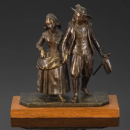 Бронзовая статуэтка "Прогулка влюбленных босиком" с деревянным основанием, Западная Европа, начало XX века